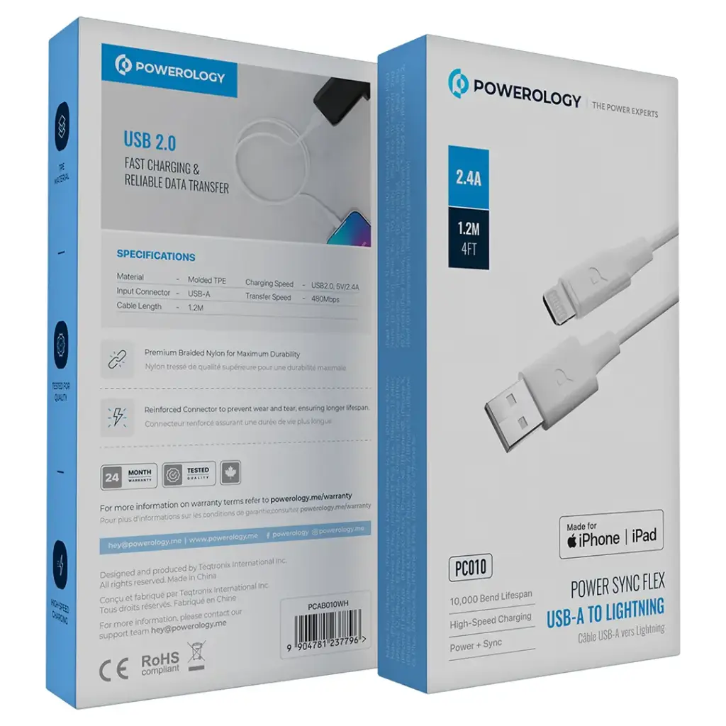 Powerology MFi Lightning to USB-A Cable 1.2m - White