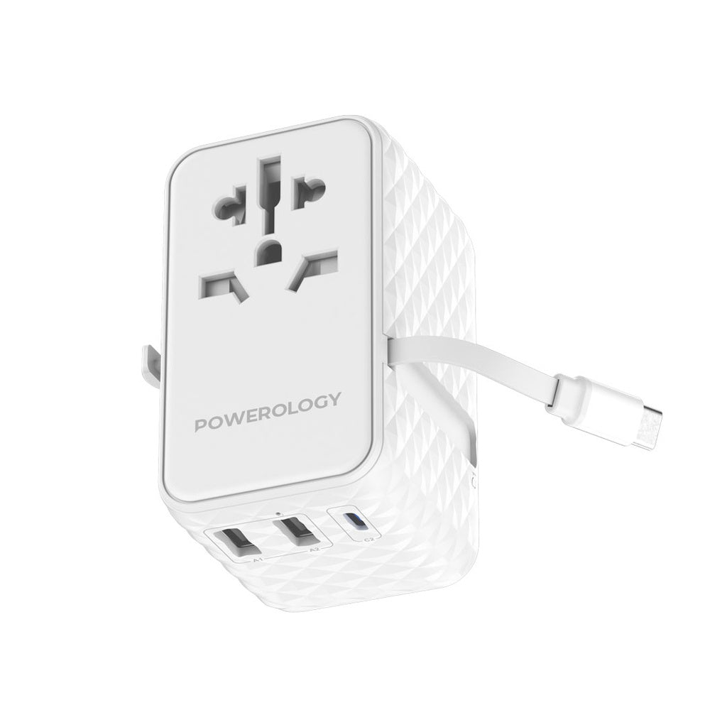 Powerology GaN 20W PD Universal Adapter with Retractable Type-C Cable,