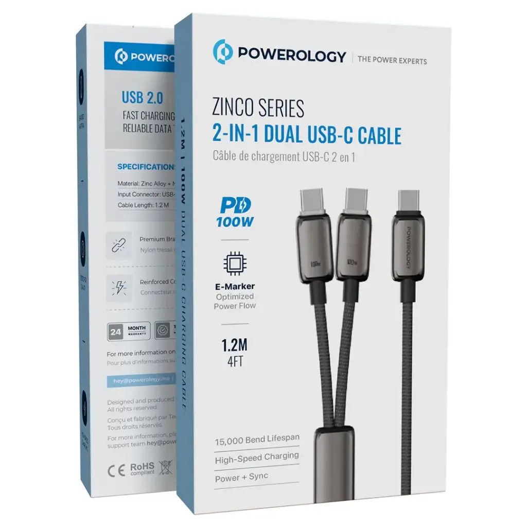 Powerology Zinco Series 2-In-1 Dual USB-C Cable - Dark Gray
