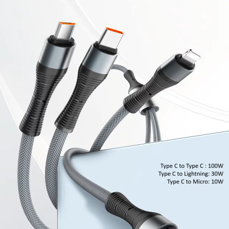 3-in-1 High-Speed 100W USB-C Charging & Data Cable