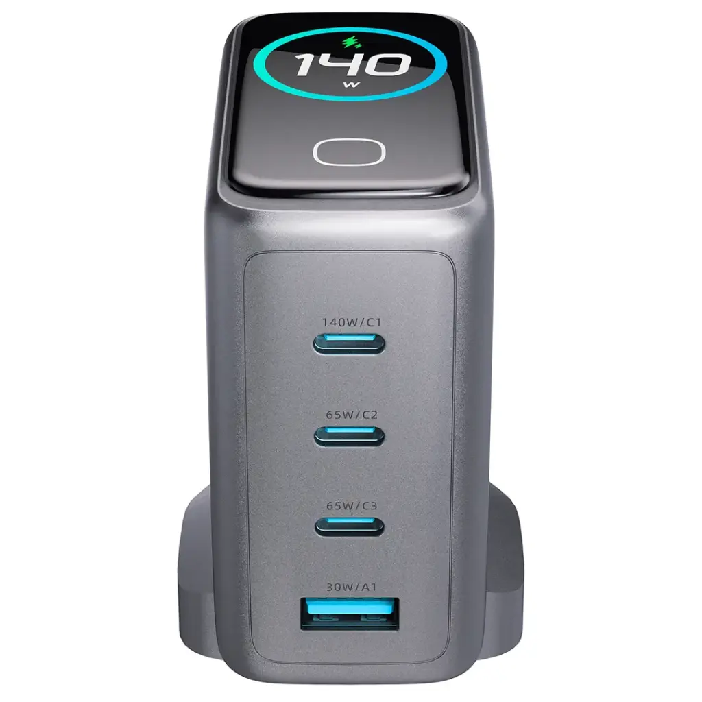 Powerology 140W 4-Port GaN Charger with TFT Display - Black