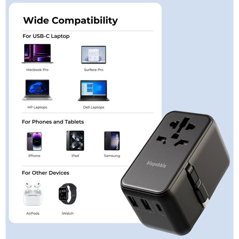 Blupebble Passport 6 World Travel Gan III Tech 70W Adapter/ USB-C & 2 USB-A Port with Retractable Cable - Black