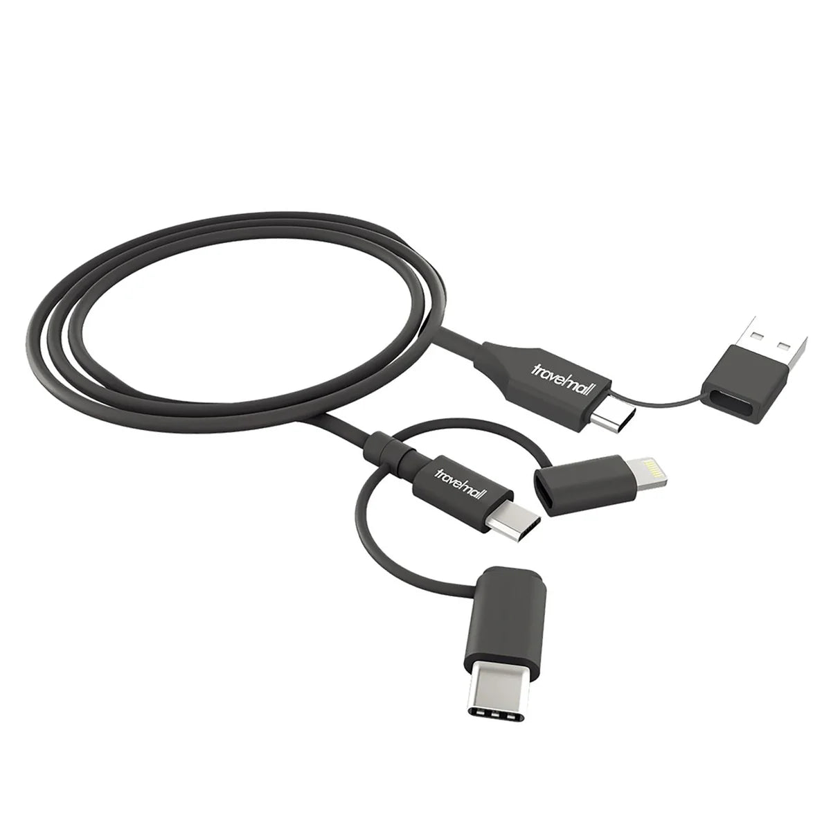 TRAVELMALL SWITZERLAND 5-IN-1 LIGHTNING, MICRO-USB AND USB-C INTELLIGENT CABLE WITH USB-A/USB-C DUAL INTERCHANGEABLE HEAD 1M, BLACK
