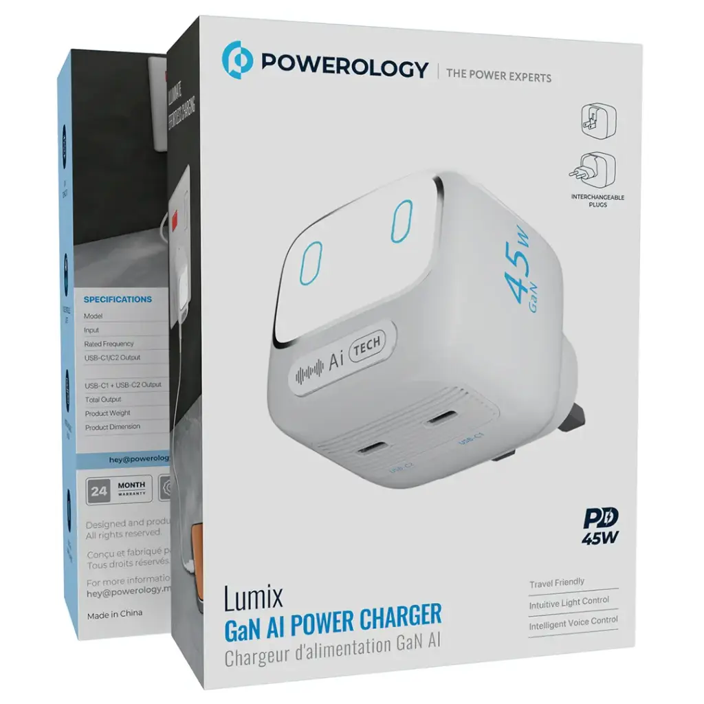 Powerology 45W AI Charger 45W with EU & UK PLUG ADAPTER - White