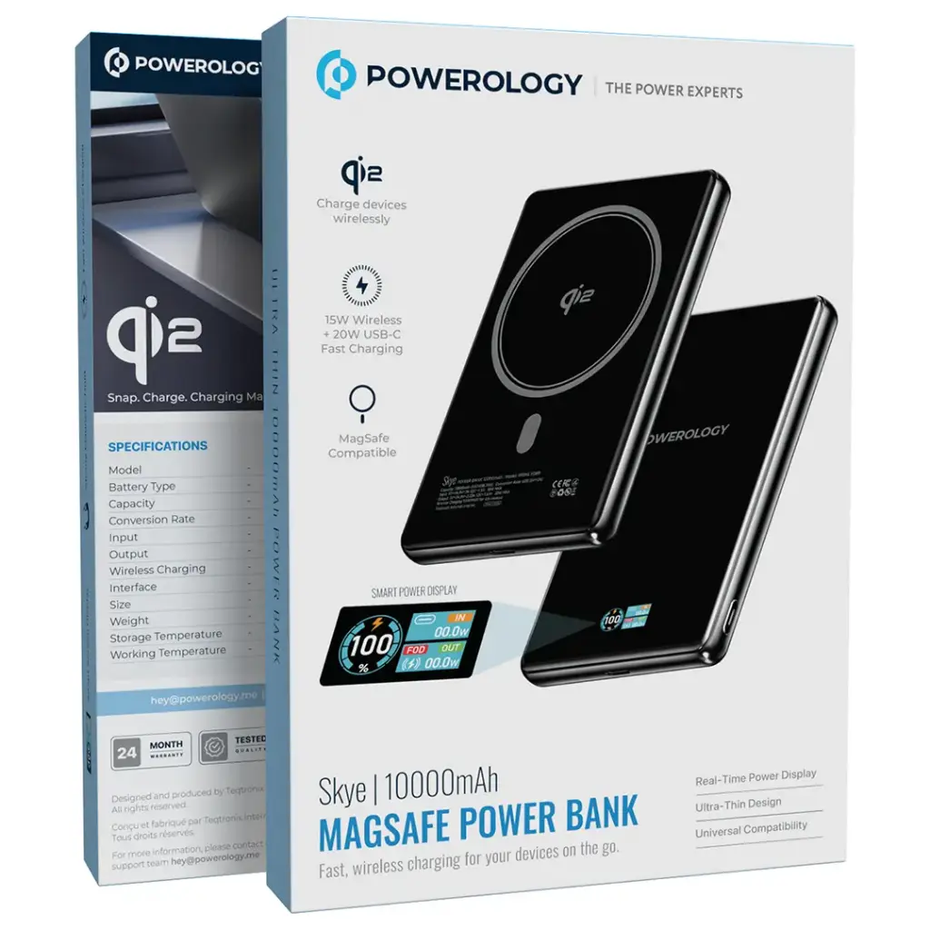 Powerology Skye 10000mAh Qi2 MagSafe Power Bank with TFT Display - Black